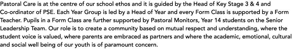  Pastoral Care is at the centre of our school ethos and it is guided by the Head of Key Stage 3 & 4 and Co-ordinator    